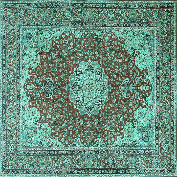 Square Machine Washable Medallion Turquoise Traditional Area Rugs, wshtr3473turq