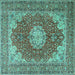 Square Machine Washable Medallion Turquoise Traditional Area Rugs, wshtr3473turq