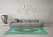 Machine Washable Medallion Turquoise Traditional Area Rugs in a Living Room,, wshtr3473turq