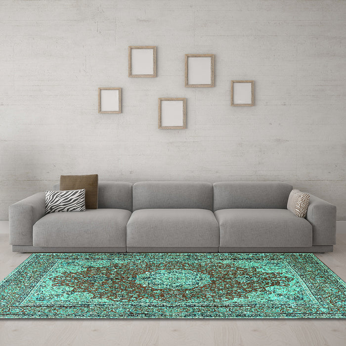 Machine Washable Medallion Turquoise Traditional Area Rugs in a Living Room,, wshtr3473turq