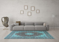 Machine Washable Medallion Light Blue Traditional Rug, wshtr3473lblu