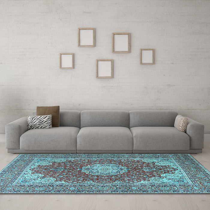 Machine Washable Medallion Light Blue Traditional Rug in a Living Room, wshtr3473lblu