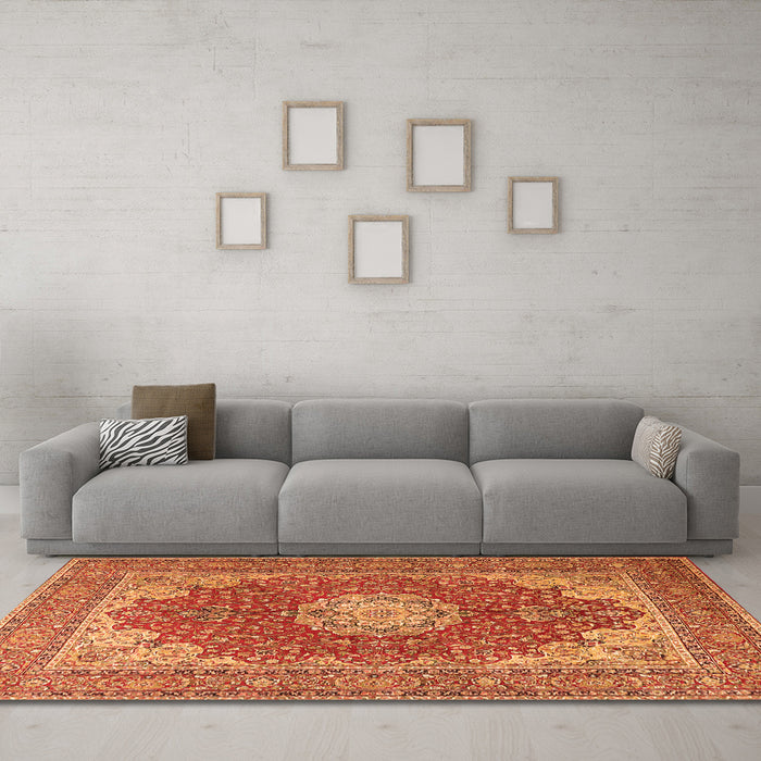 Machine Washable Medallion Orange Traditional Area Rugs in a Living Room, wshtr3473org