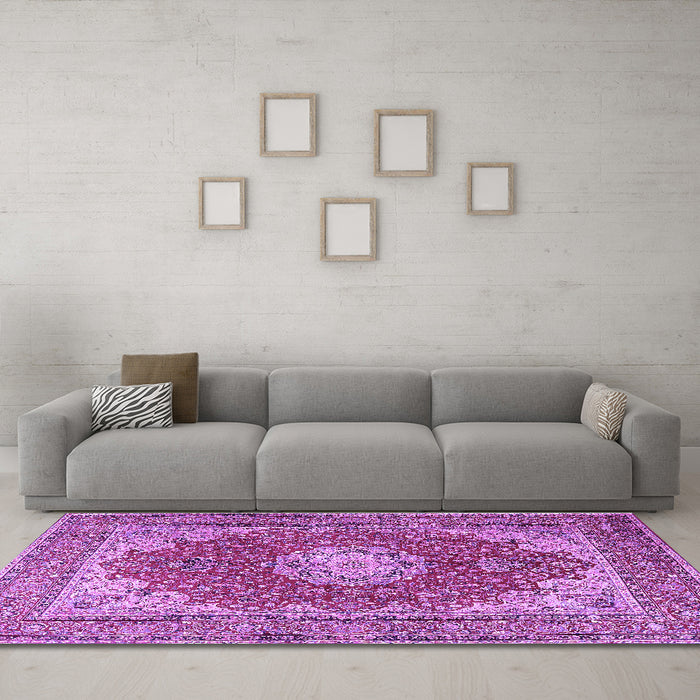 Machine Washable Medallion Purple Traditional Area Rugs in a Living Room, wshtr3473pur