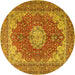 Round Machine Washable Medallion Yellow Traditional Rug, wshtr3473yw