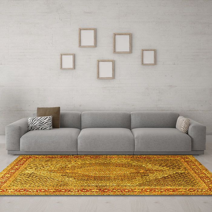 Machine Washable Medallion Yellow Traditional Rug in a Living Room, wshtr3474yw