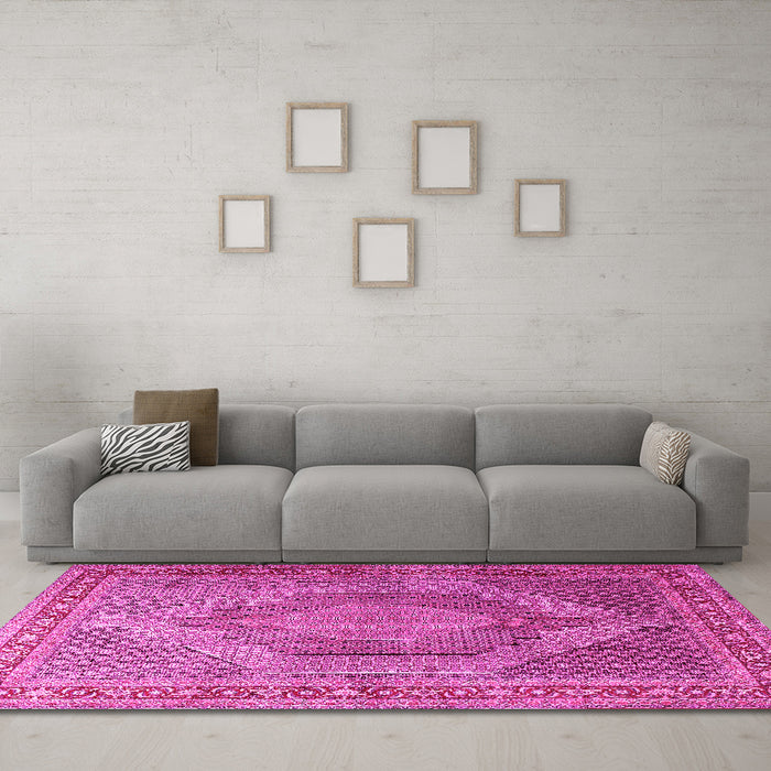 Machine Washable Medallion Pink Traditional Rug in a Living Room, wshtr3474pnk