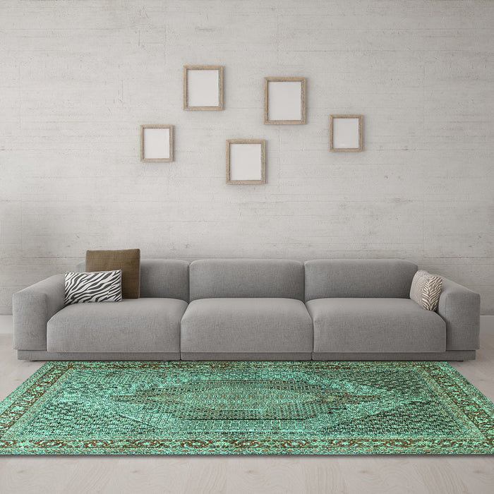 Machine Washable Medallion Turquoise Traditional Area Rugs in a Living Room,, wshtr3474turq