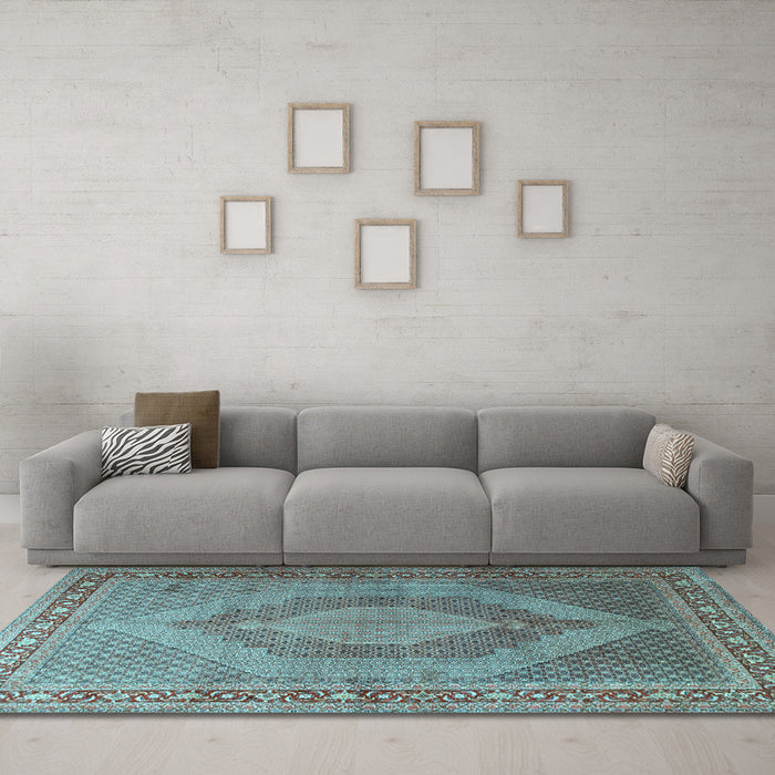 Machine Washable Medallion Light Blue Traditional Rug in a Living Room, wshtr3474lblu