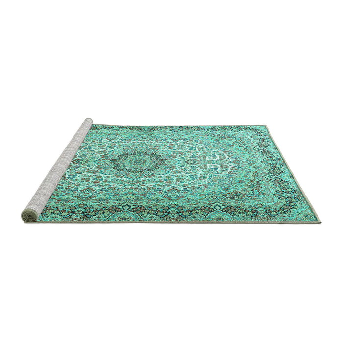 Sideview of Machine Washable Persian Turquoise Traditional Area Rugs, wshtr3475turq
