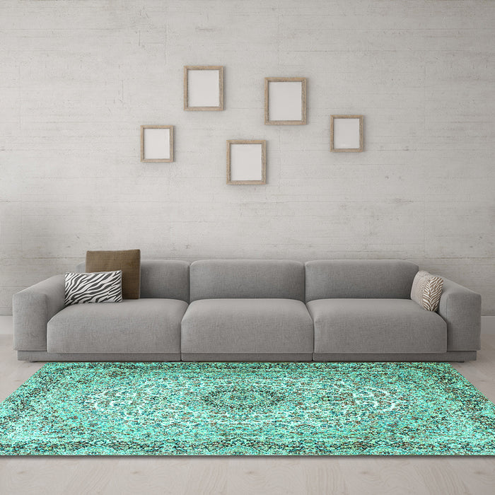 Machine Washable Persian Turquoise Traditional Area Rugs in a Living Room,, wshtr3475turq