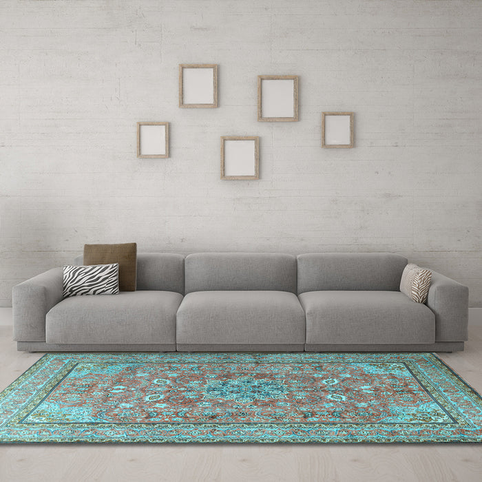 Machine Washable Persian Light Blue Traditional Rug in a Living Room, wshtr3477lblu