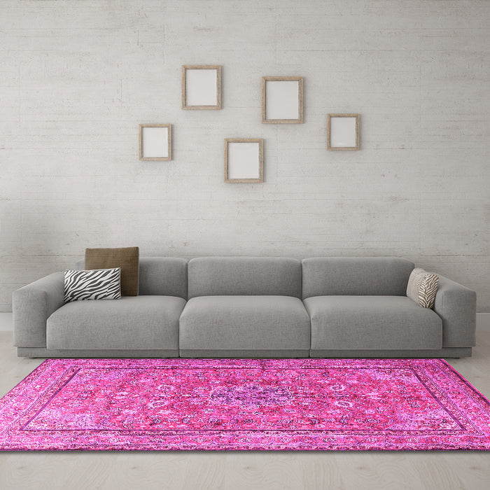 Machine Washable Persian Pink Traditional Rug in a Living Room, wshtr3477pnk