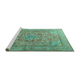 Sideview of Machine Washable Persian Turquoise Traditional Area Rugs, wshtr3477turq