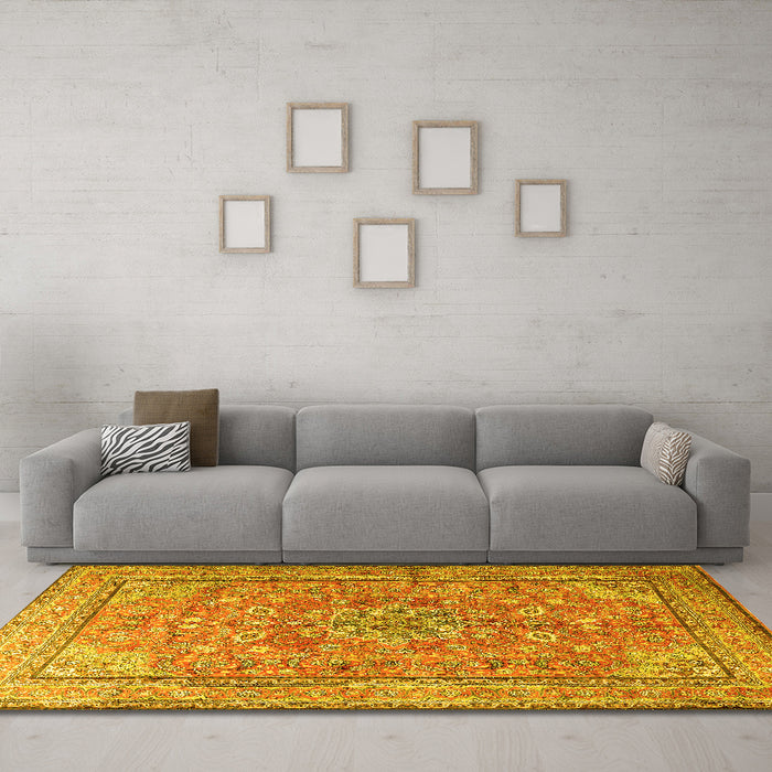 Machine Washable Persian Yellow Traditional Rug in a Living Room, wshtr3477yw