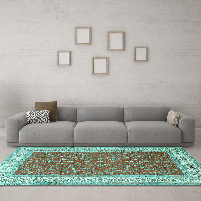 Machine Washable Persian Turquoise Traditional Area Rugs in a Living Room,, wshtr3478turq
