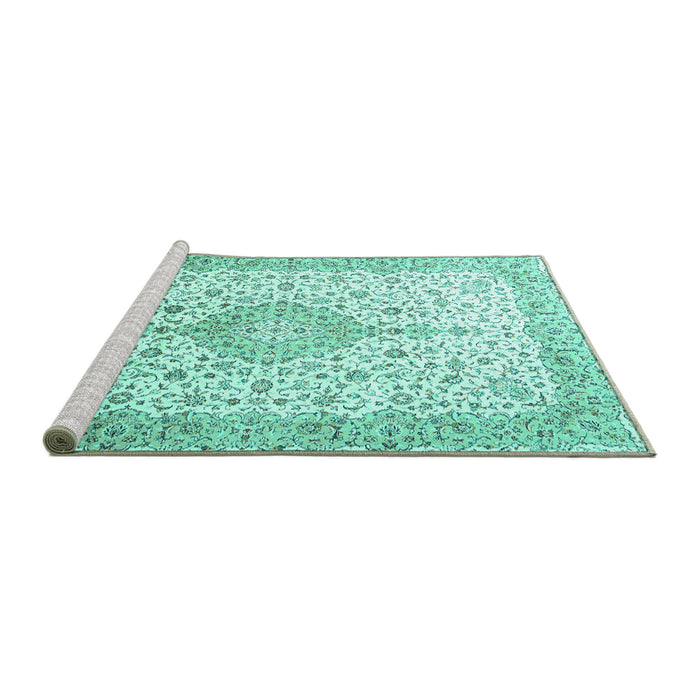 Sideview of Machine Washable Persian Turquoise Traditional Area Rugs, wshtr3481turq