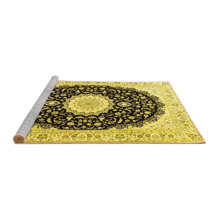Sideview of Machine Washable Persian Yellow Traditional Rug, wshtr3482yw