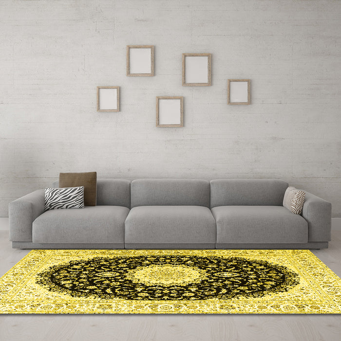 Machine Washable Persian Yellow Traditional Rug in a Living Room, wshtr3482yw