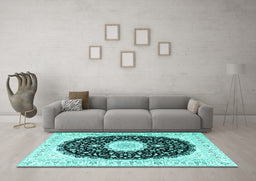 Machine Washable Persian Turquoise Traditional Area Rugs in a Living Room,, wshtr3482turq