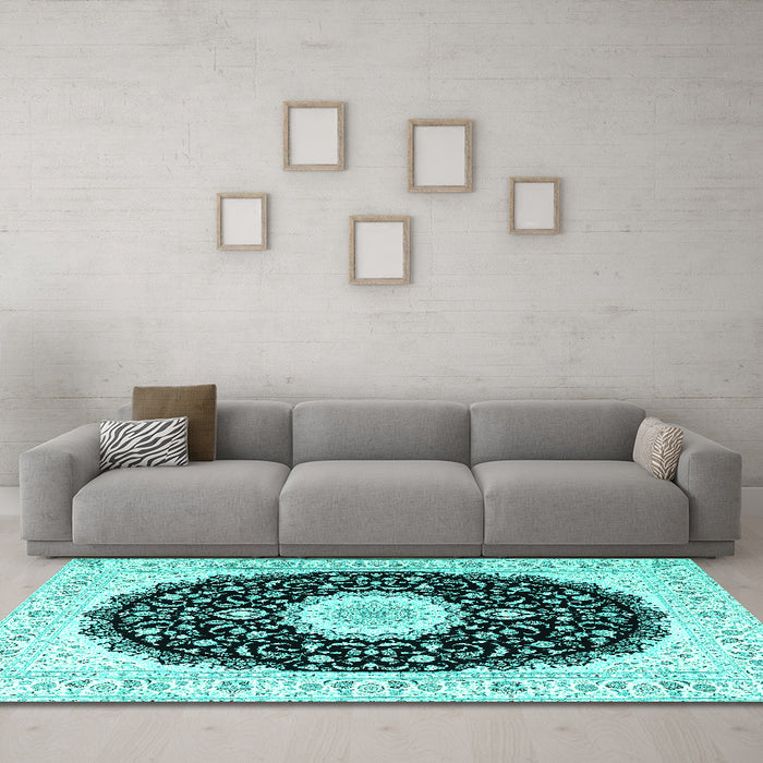 Machine Washable Persian Turquoise Traditional Area Rugs in a Living Room,, wshtr3482turq