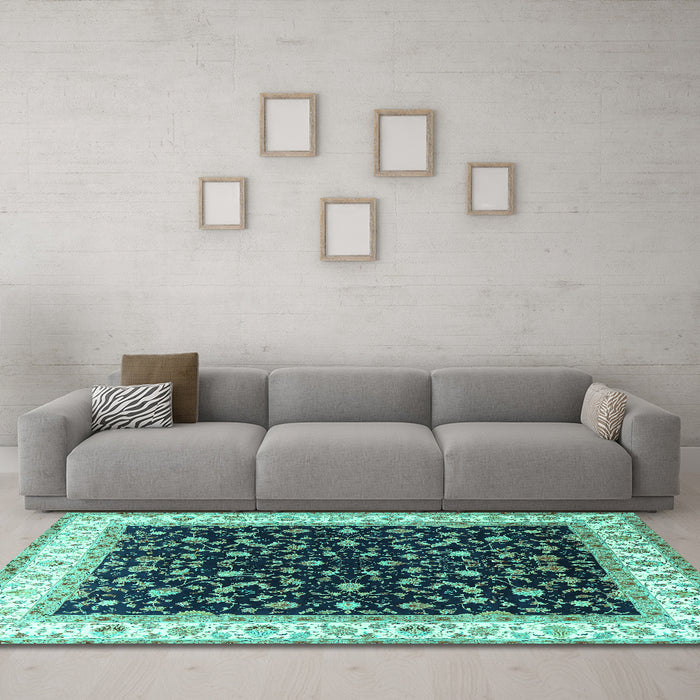 Machine Washable Persian Turquoise Traditional Area Rugs in a Living Room,, wshtr3484turq