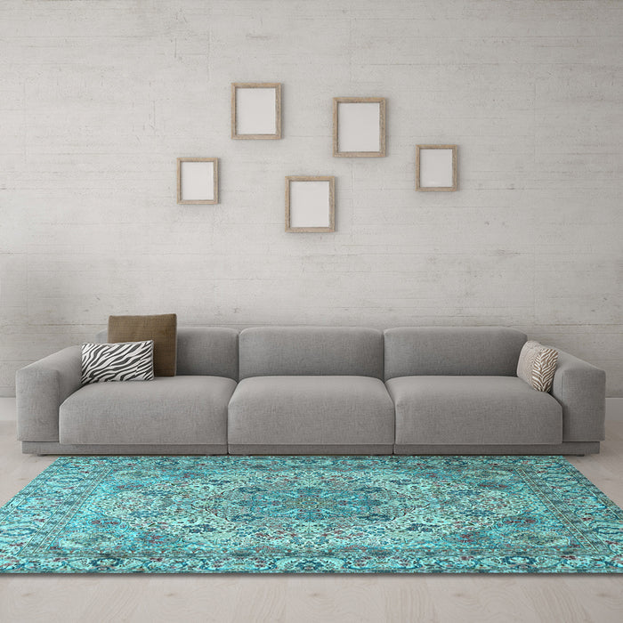 Machine Washable Persian Light Blue Traditional Rug in a Living Room, wshtr3485lblu