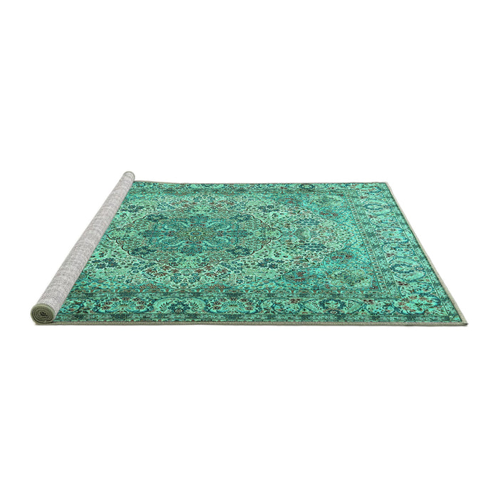 Sideview of Machine Washable Persian Turquoise Traditional Area Rugs, wshtr3485turq
