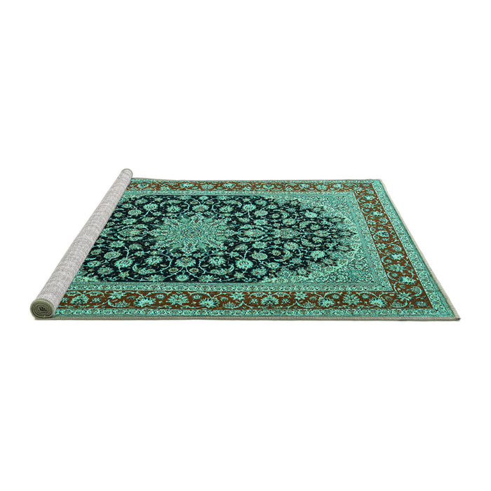 Sideview of Machine Washable Medallion Turquoise Traditional Area Rugs, wshtr3486turq
