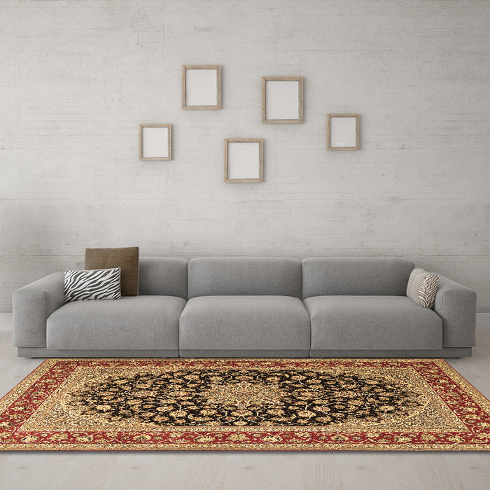 Machine Washable Medallion Brown Traditional Rug in a Living Room,, wshtr3486brn