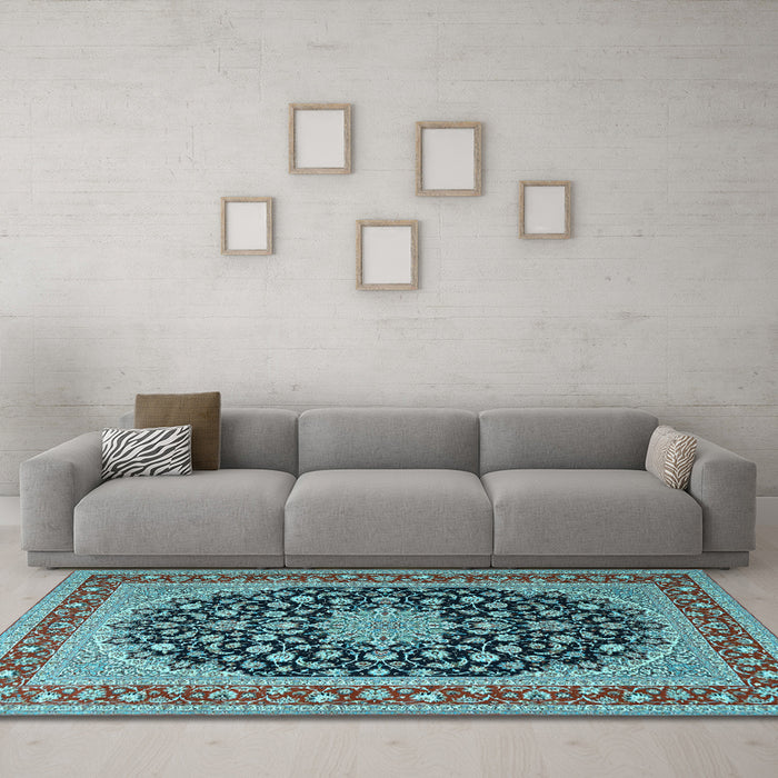 Machine Washable Medallion Light Blue Traditional Rug in a Living Room, wshtr3486lblu