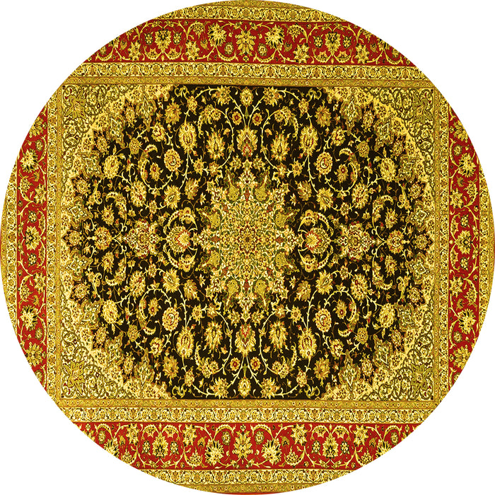 Round Machine Washable Medallion Yellow Traditional Rug, wshtr3486yw