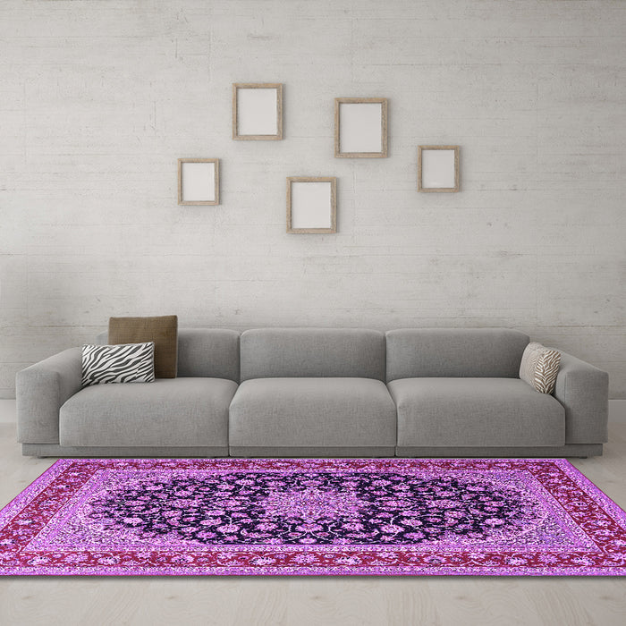 Machine Washable Medallion Purple Traditional Area Rugs in a Living Room, wshtr3486pur