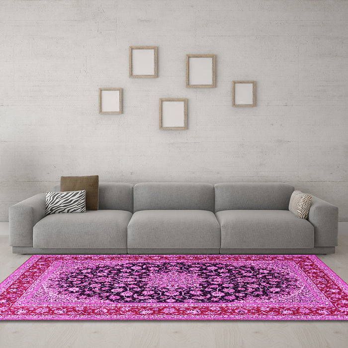 Machine Washable Medallion Pink Traditional Rug in a Living Room, wshtr3486pnk