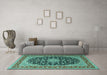 Machine Washable Medallion Turquoise Traditional Area Rugs in a Living Room,, wshtr3486turq