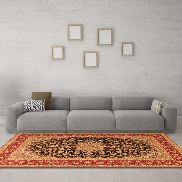 Machine Washable Medallion Orange Traditional Area Rugs in a Living Room, wshtr3486org