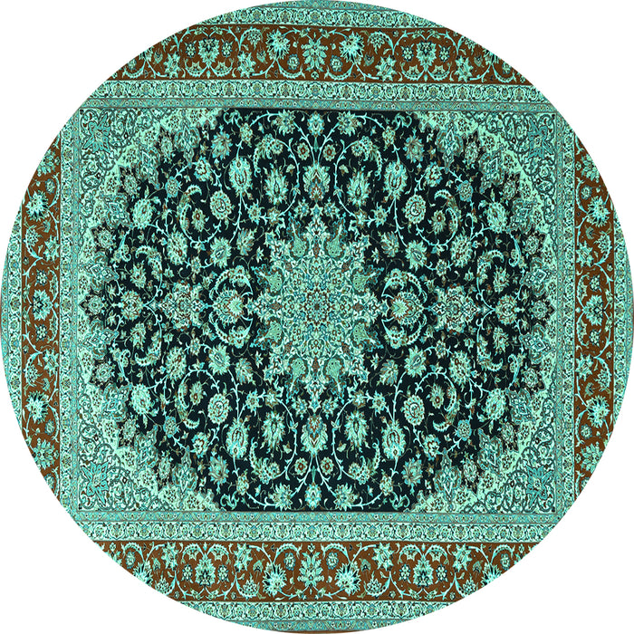Round Machine Washable Medallion Turquoise Traditional Area Rugs, wshtr3486turq
