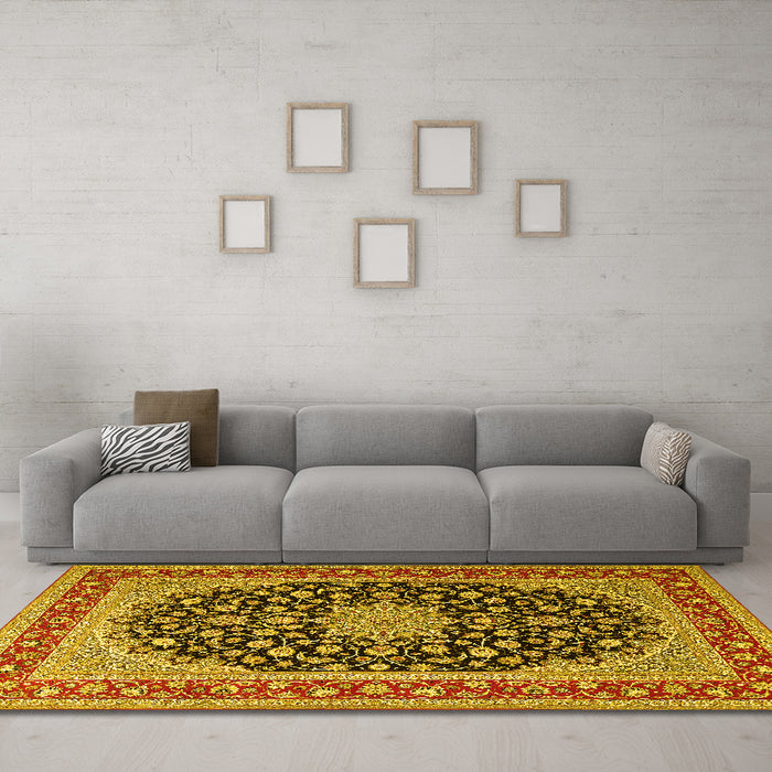 Machine Washable Medallion Yellow Traditional Rug in a Living Room, wshtr3486yw