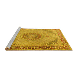 Sideview of Machine Washable Medallion Yellow Traditional Rug, wshtr3487yw