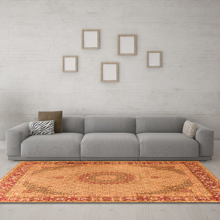 Machine Washable Medallion Orange Traditional Area Rugs in a Living Room, wshtr3487org