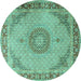 Round Machine Washable Medallion Turquoise Traditional Area Rugs, wshtr3487turq