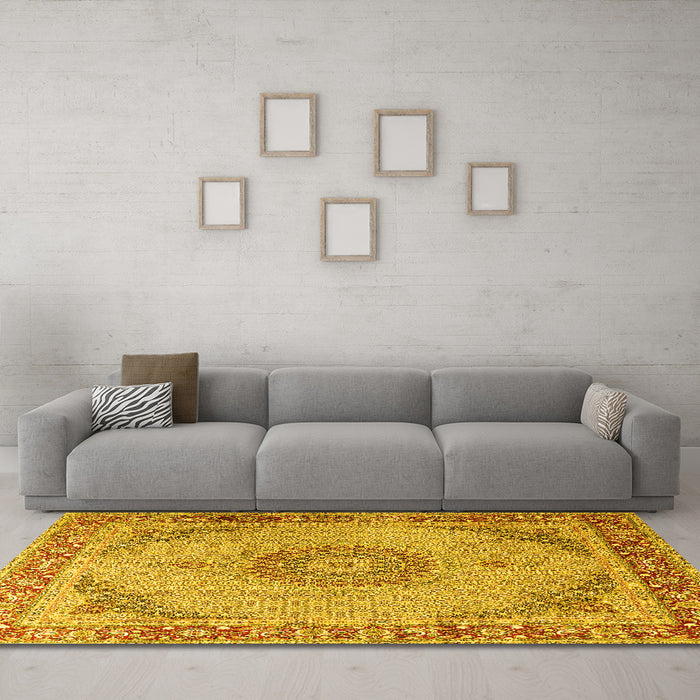 Machine Washable Medallion Yellow Traditional Rug in a Living Room, wshtr3487yw