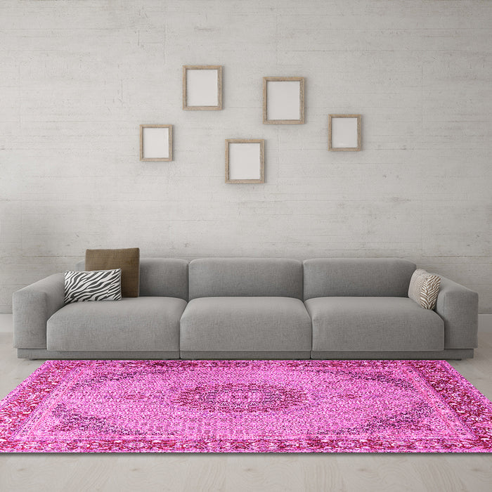 Machine Washable Medallion Pink Traditional Rug in a Living Room, wshtr3487pnk