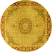 Round Machine Washable Medallion Yellow Traditional Rug, wshtr3487yw