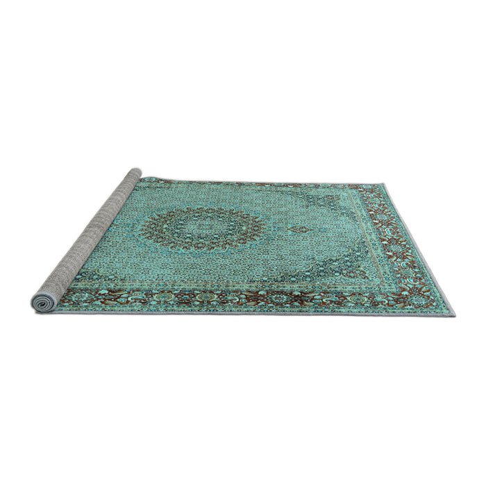 Sideview of Machine Washable Medallion Light Blue Traditional Rug, wshtr3487lblu