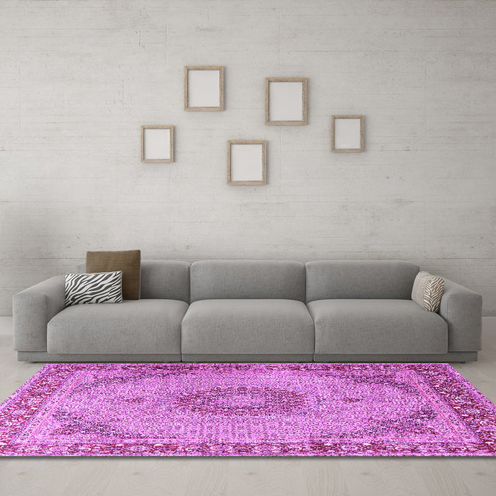 Machine Washable Medallion Purple Traditional Area Rugs in a Living Room, wshtr3487pur