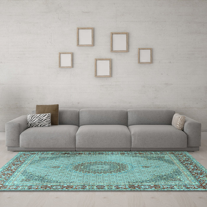 Machine Washable Medallion Light Blue Traditional Rug in a Living Room, wshtr3487lblu