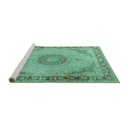 Sideview of Machine Washable Medallion Turquoise Traditional Area Rugs, wshtr3487turq