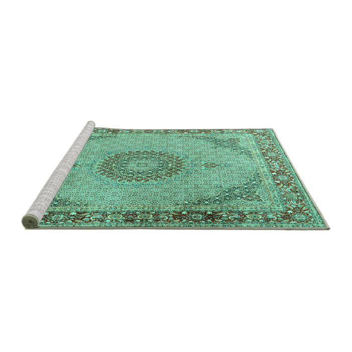 Sideview of Machine Washable Medallion Turquoise Traditional Area Rugs, wshtr3487turq