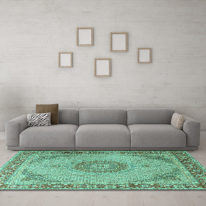 Machine Washable Medallion Turquoise Traditional Area Rugs in a Living Room,, wshtr3487turq